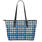 Blue Houndstooth Pattern Print Leather Tote Bag