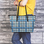 Blue Houndstooth Pattern Print Leather Tote Bag