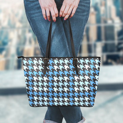 Blue Houndstooth Pattern Print Leather Tote Bag