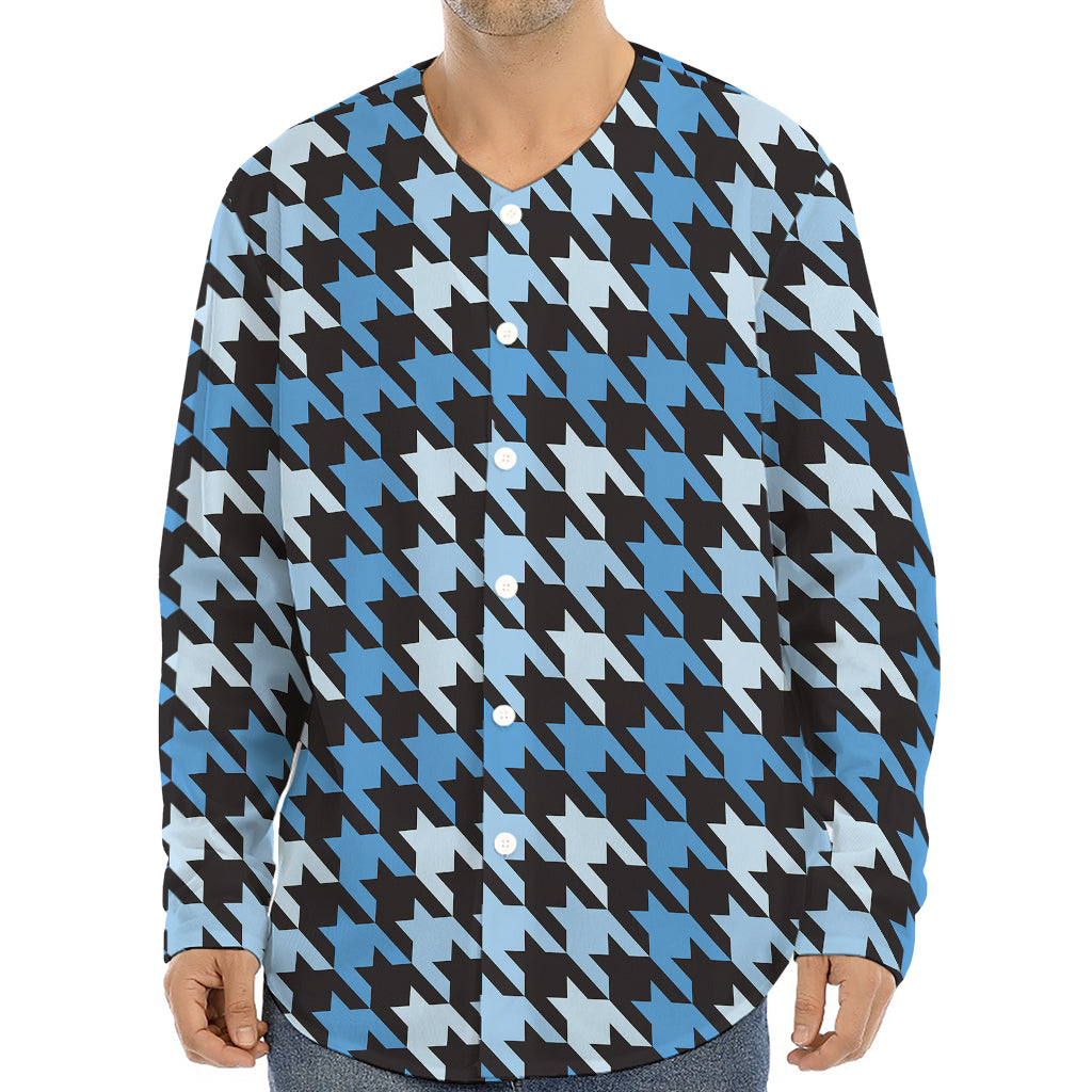 Blue Houndstooth Pattern Print Long Sleeve Baseball Jersey