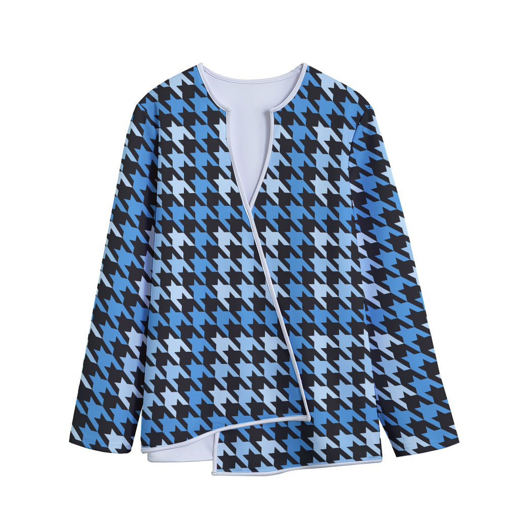 Blue Houndstooth Pattern Print Long Sleeve Short Coat