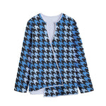 Blue Houndstooth Pattern Print Long Sleeve Short Coat