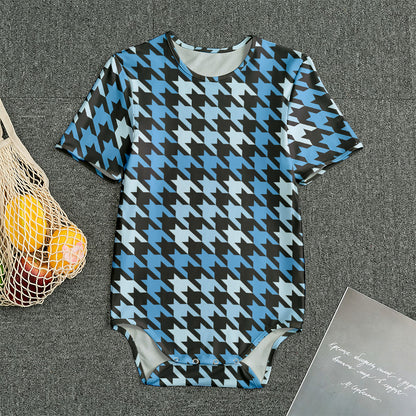 Blue Houndstooth Pattern Print Men's Bodysuit