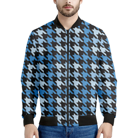Blue Houndstooth Pattern Print Men's Bomber Jacket