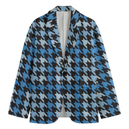 Blue Houndstooth Pattern Print Men's Cotton Blazer