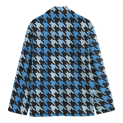 Blue Houndstooth Pattern Print Men's Cotton Blazer