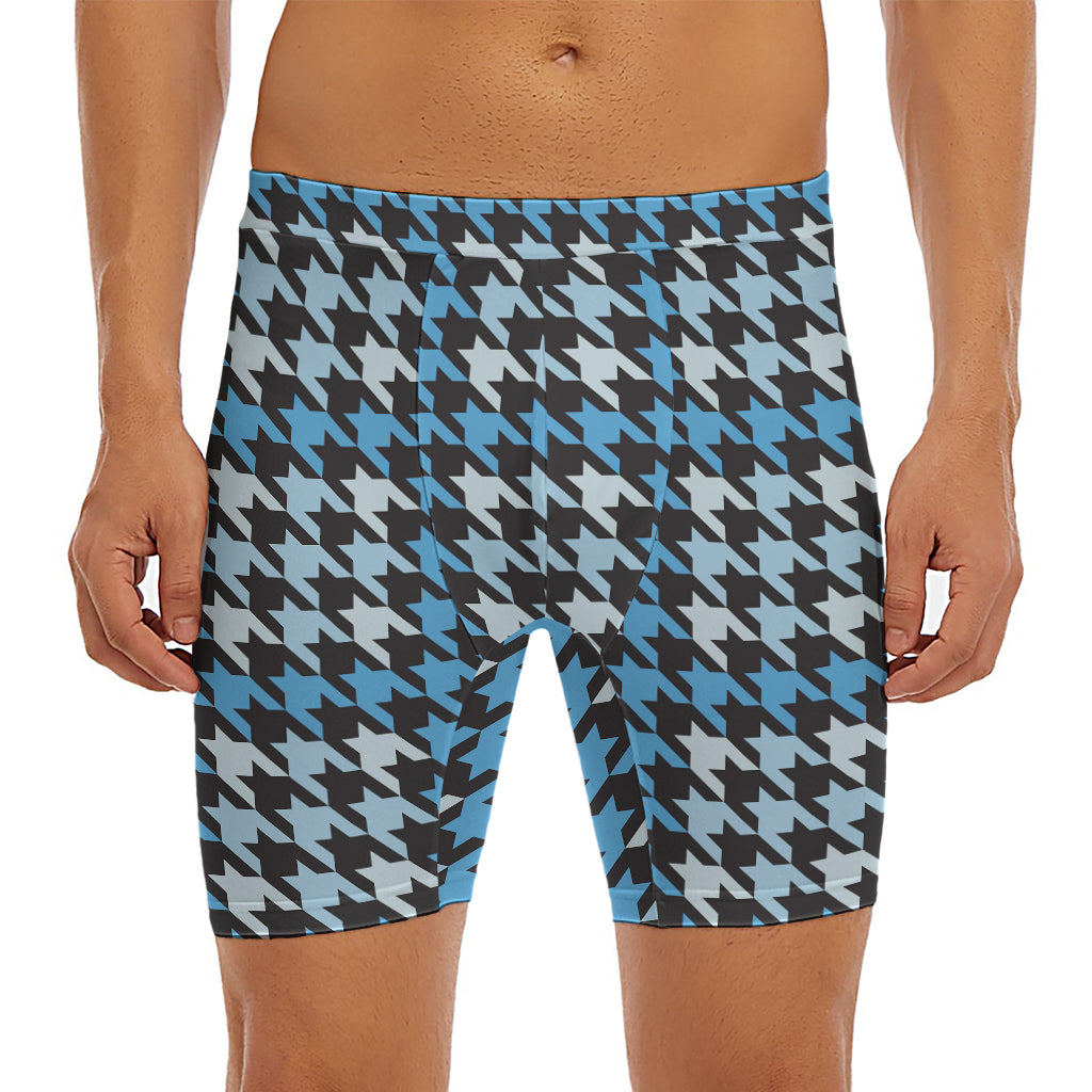 Blue Houndstooth Pattern Print Men's Long Boxer Briefs