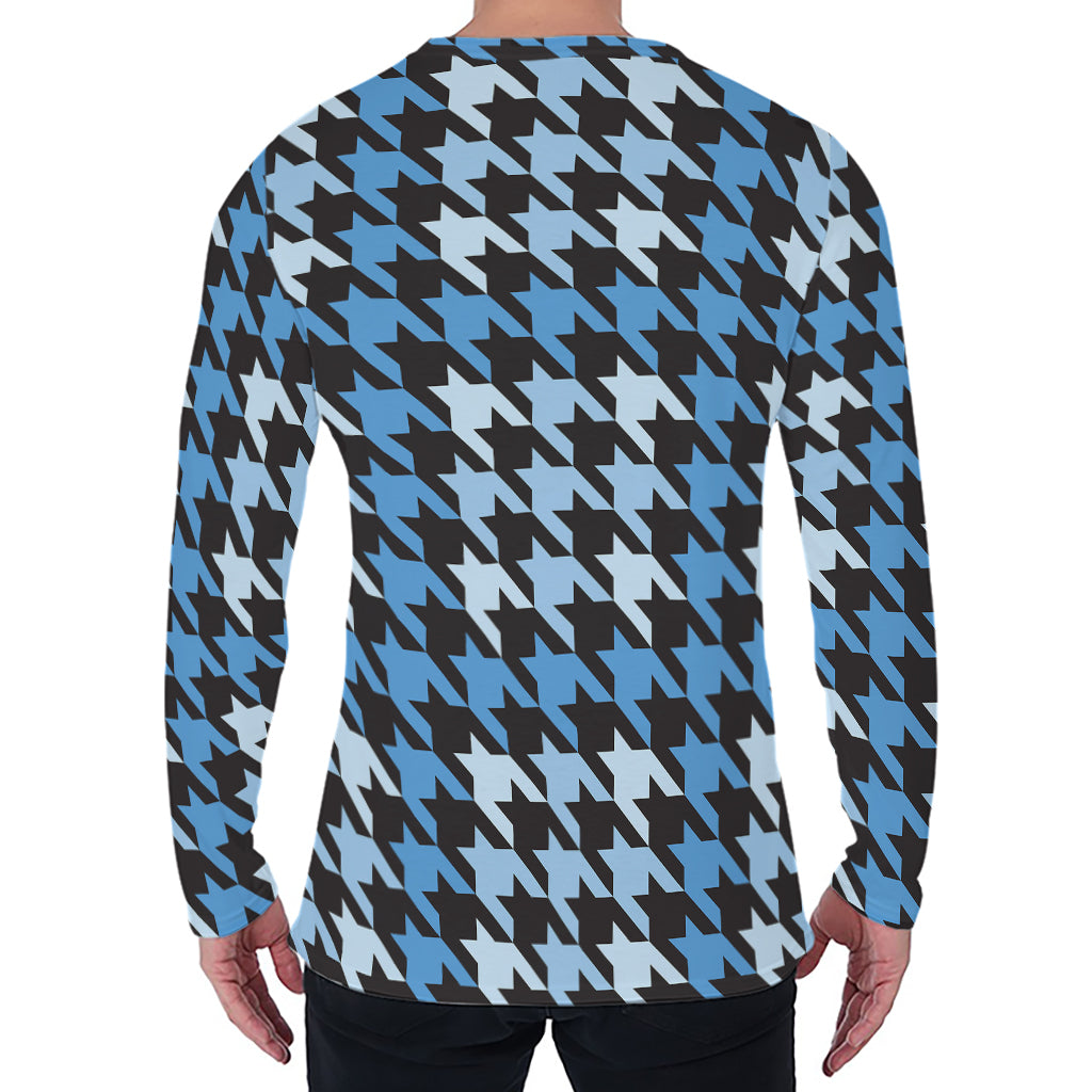 Blue Houndstooth Pattern Print Men's Long Sleeve T-Shirt