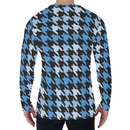 Blue Houndstooth Pattern Print Men's Long Sleeve T-Shirt