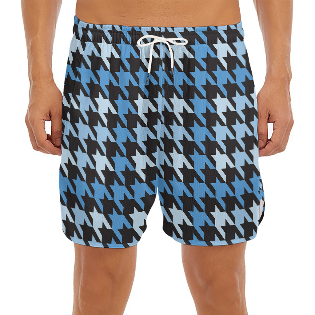 Blue Houndstooth Pattern Print Men's Split Running Shorts
