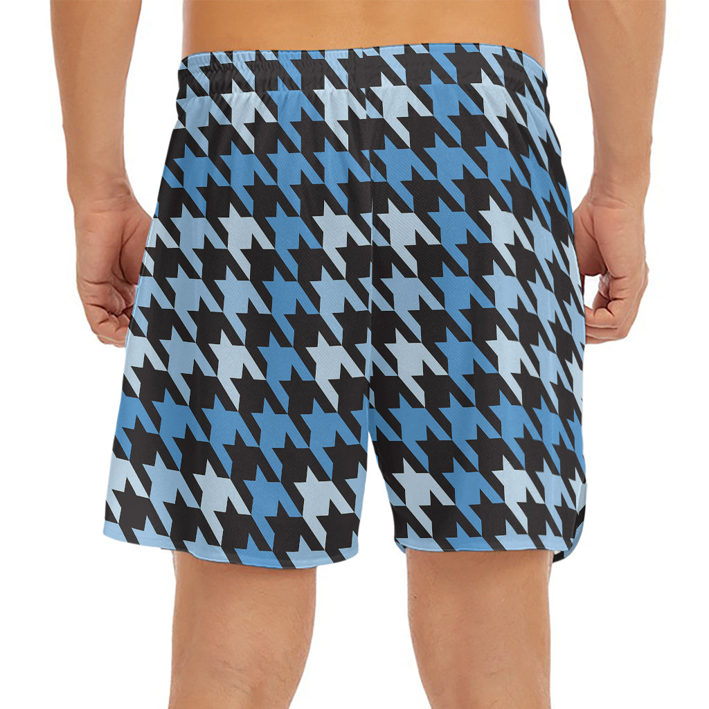Blue Houndstooth Pattern Print Men's Split Running Shorts