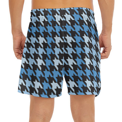 Blue Houndstooth Pattern Print Men's Split Running Shorts