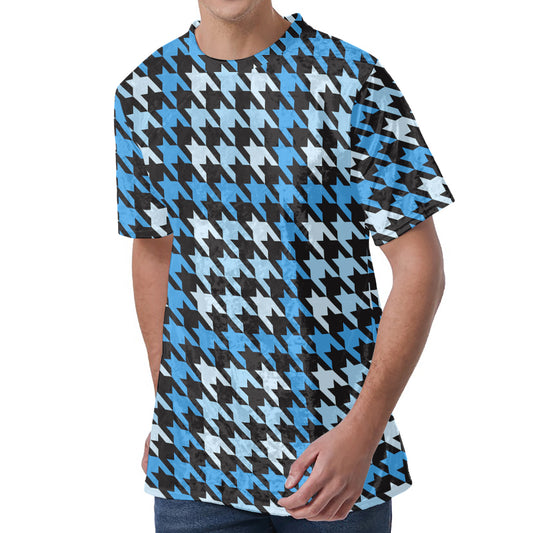 Blue Houndstooth Pattern Print Men's Velvet T-Shirt
