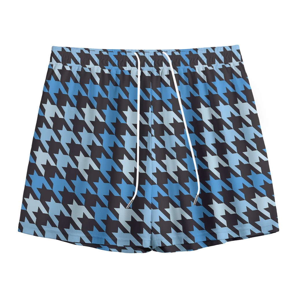 Blue Houndstooth Pattern Print Mesh Shorts