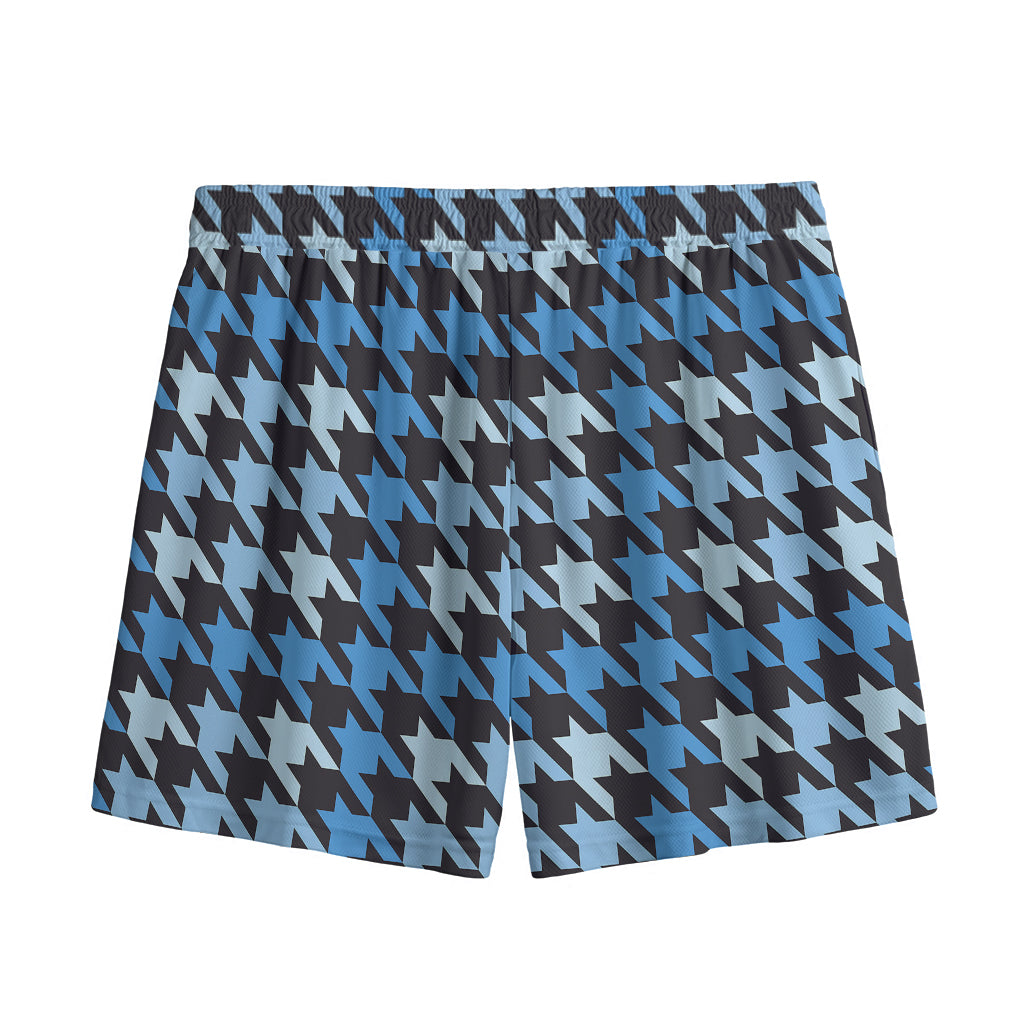 Blue Houndstooth Pattern Print Mesh Shorts