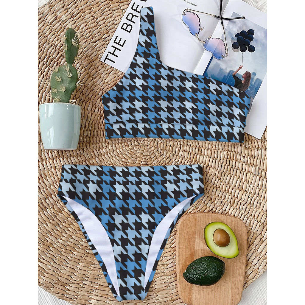 Blue Houndstooth Pattern Print One Shoulder Bikini Top