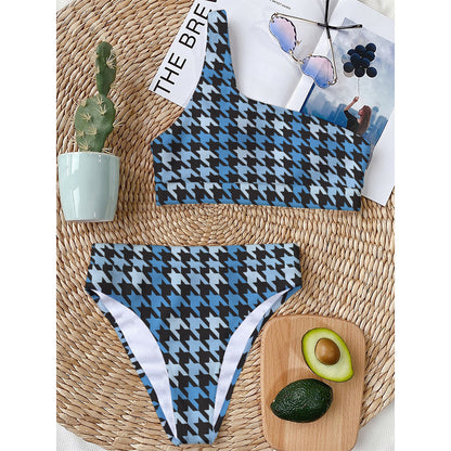 Blue Houndstooth Pattern Print One Shoulder Bikini Top