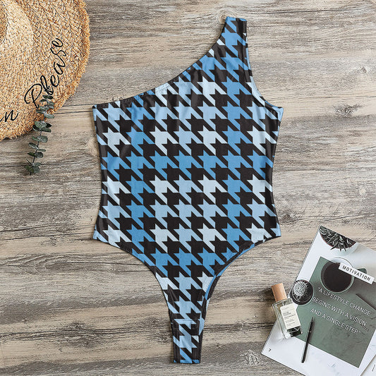 Blue Houndstooth Pattern Print One Shoulder Bodysuit
