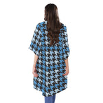 Blue Houndstooth Pattern Print Open Front Beach Cover Up