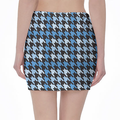 Blue Houndstooth Pattern Print Pencil Mini Skirt