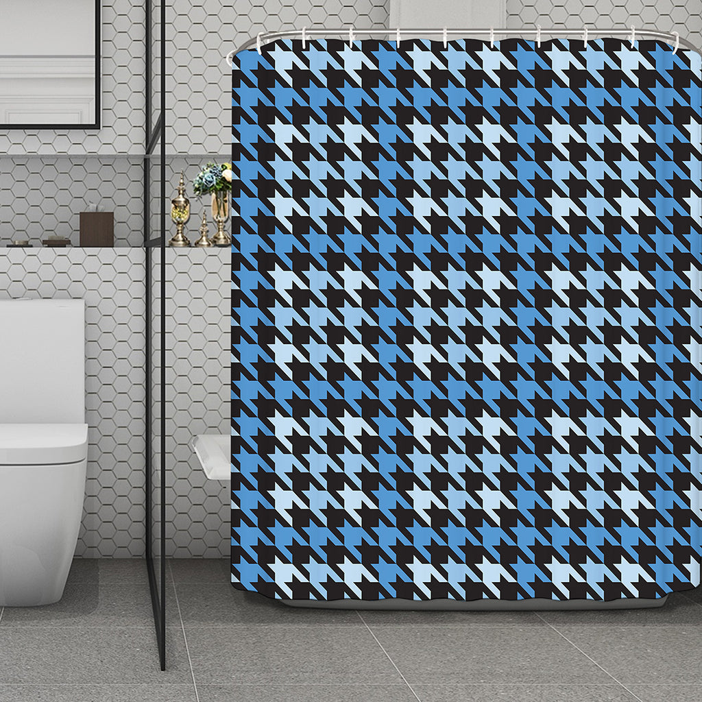 Blue Houndstooth Pattern Print Polyester Shower Curtain