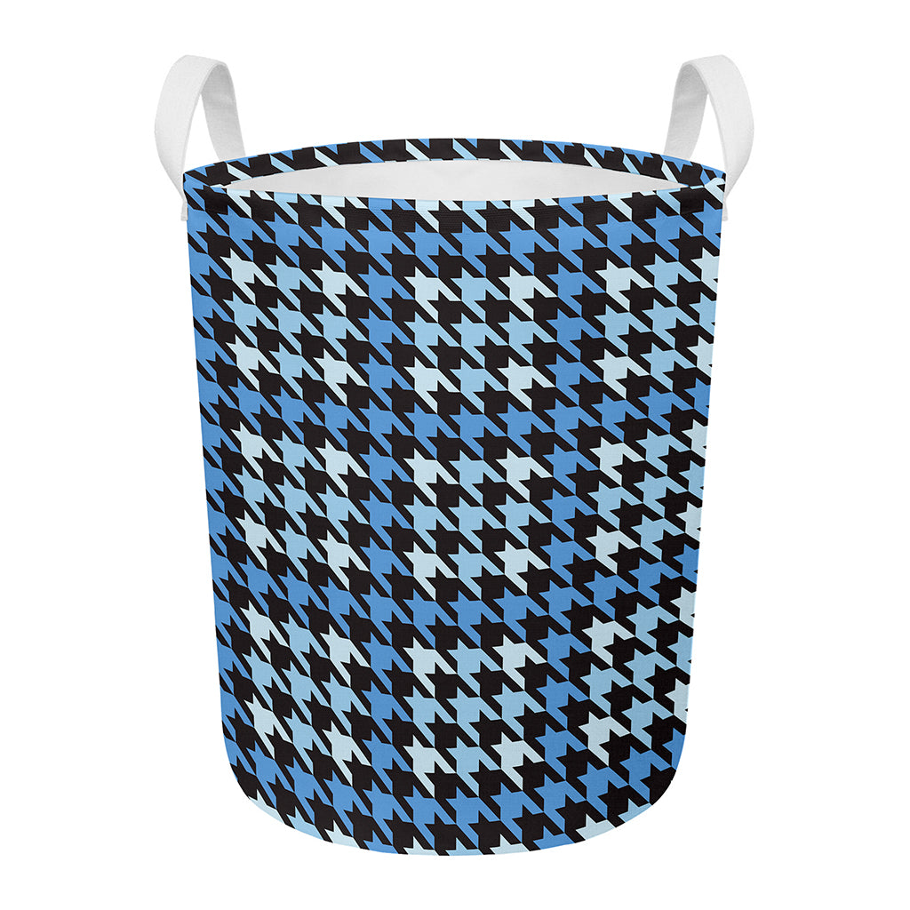 Blue Houndstooth Pattern Print Round Laundry Basket