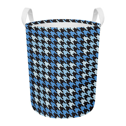 Blue Houndstooth Pattern Print Round Laundry Basket