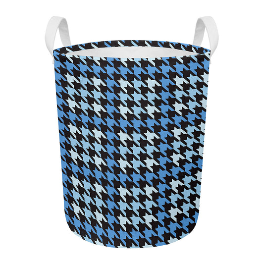 Blue Houndstooth Pattern Print Round Laundry Basket