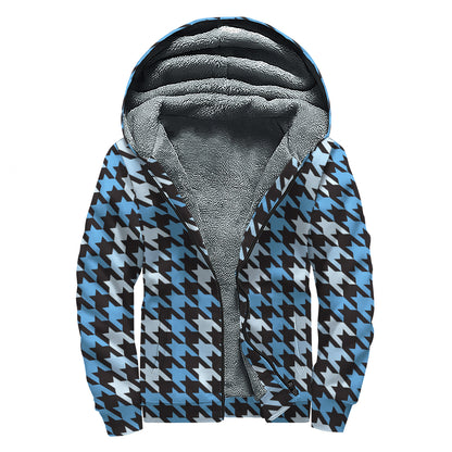 Blue Houndstooth Pattern Print Sherpa Lined Zip Up Hoodie