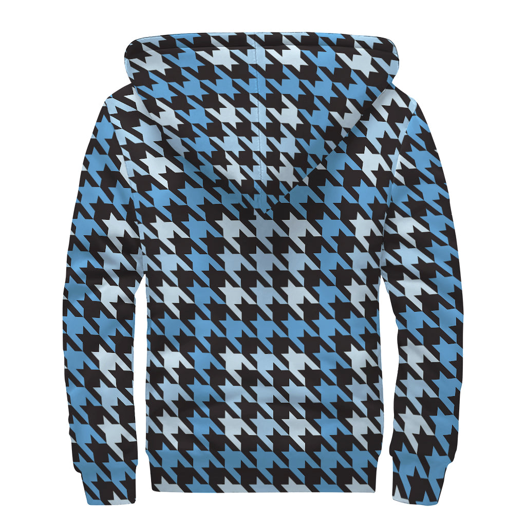Blue Houndstooth Pattern Print Sherpa Lined Zip Up Hoodie