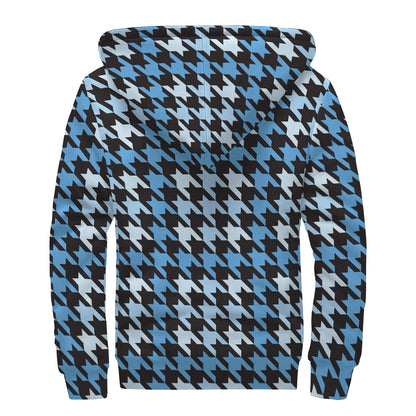 Blue Houndstooth Pattern Print Sherpa Lined Zip Up Hoodie