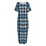 Blue Houndstooth Pattern Print Short Sleeve Long Nightdress