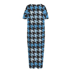 Blue Houndstooth Pattern Print Short Sleeve Long Nightdress