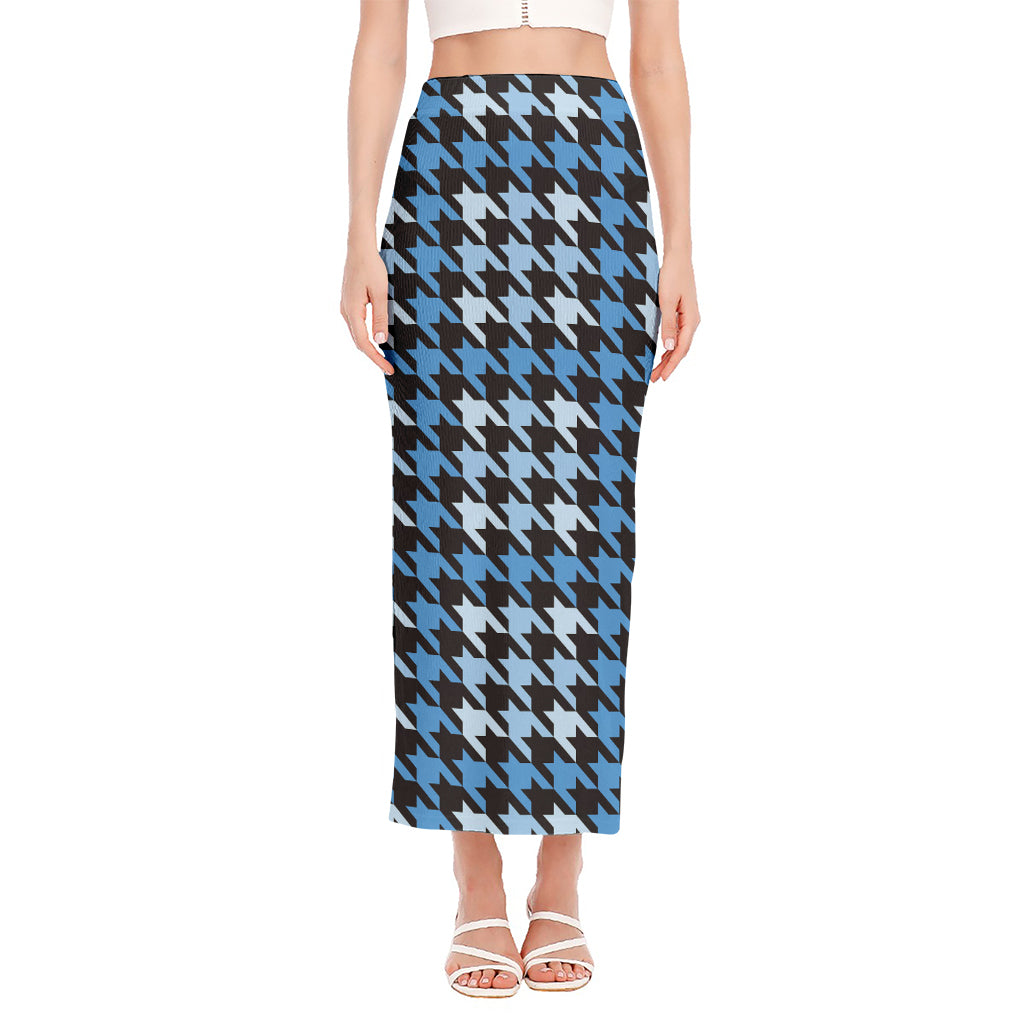 Blue Houndstooth Pattern Print Side Slit Maxi Skirt