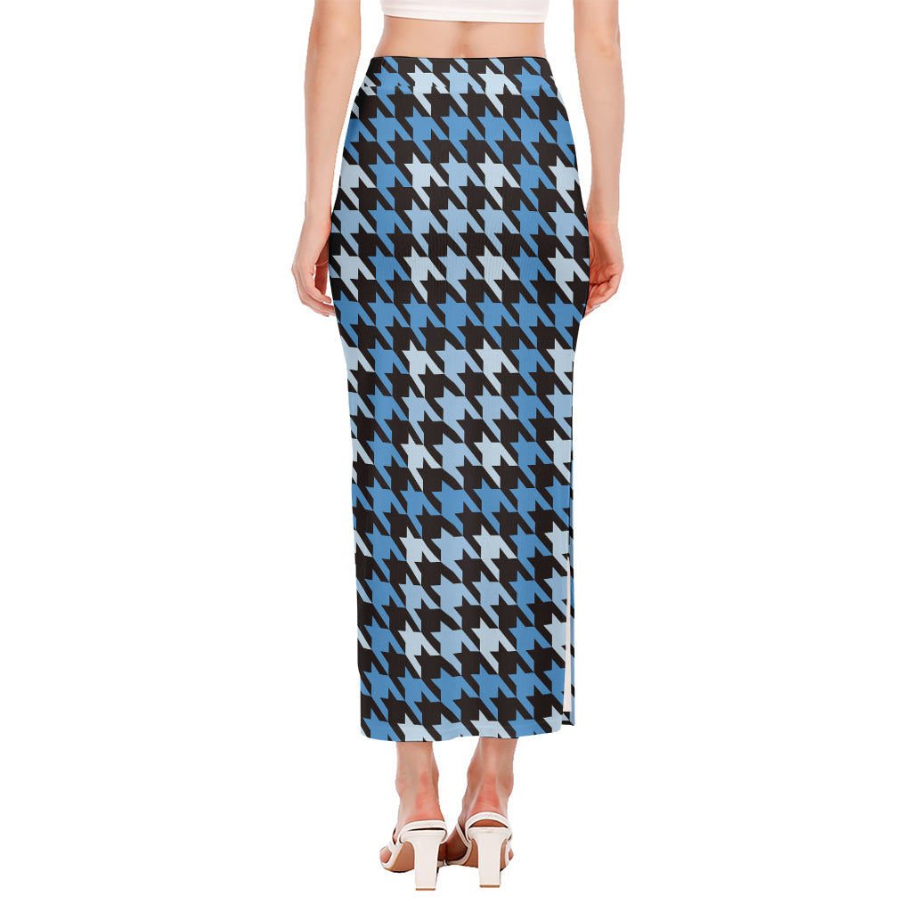 Blue Houndstooth Pattern Print Side Slit Maxi Skirt