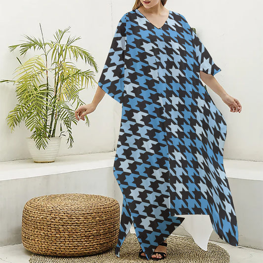 Blue Houndstooth Pattern Print Silk V-Neck Kaftan Dress