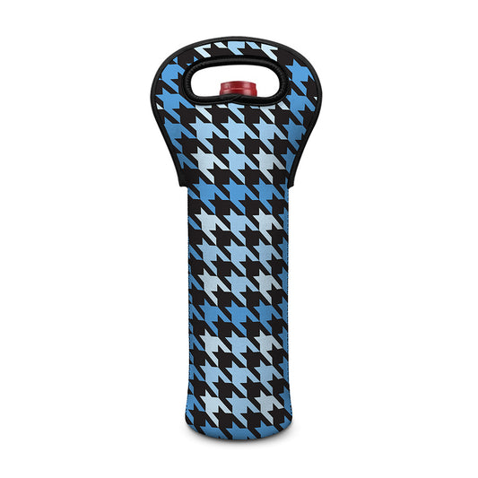 Blue Houndstooth Pattern Print Single Neoprene Wine Tote