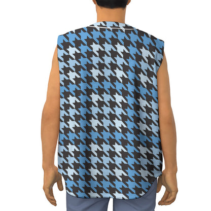 Blue Houndstooth Pattern Print Sleeveless Baseball Jersey
