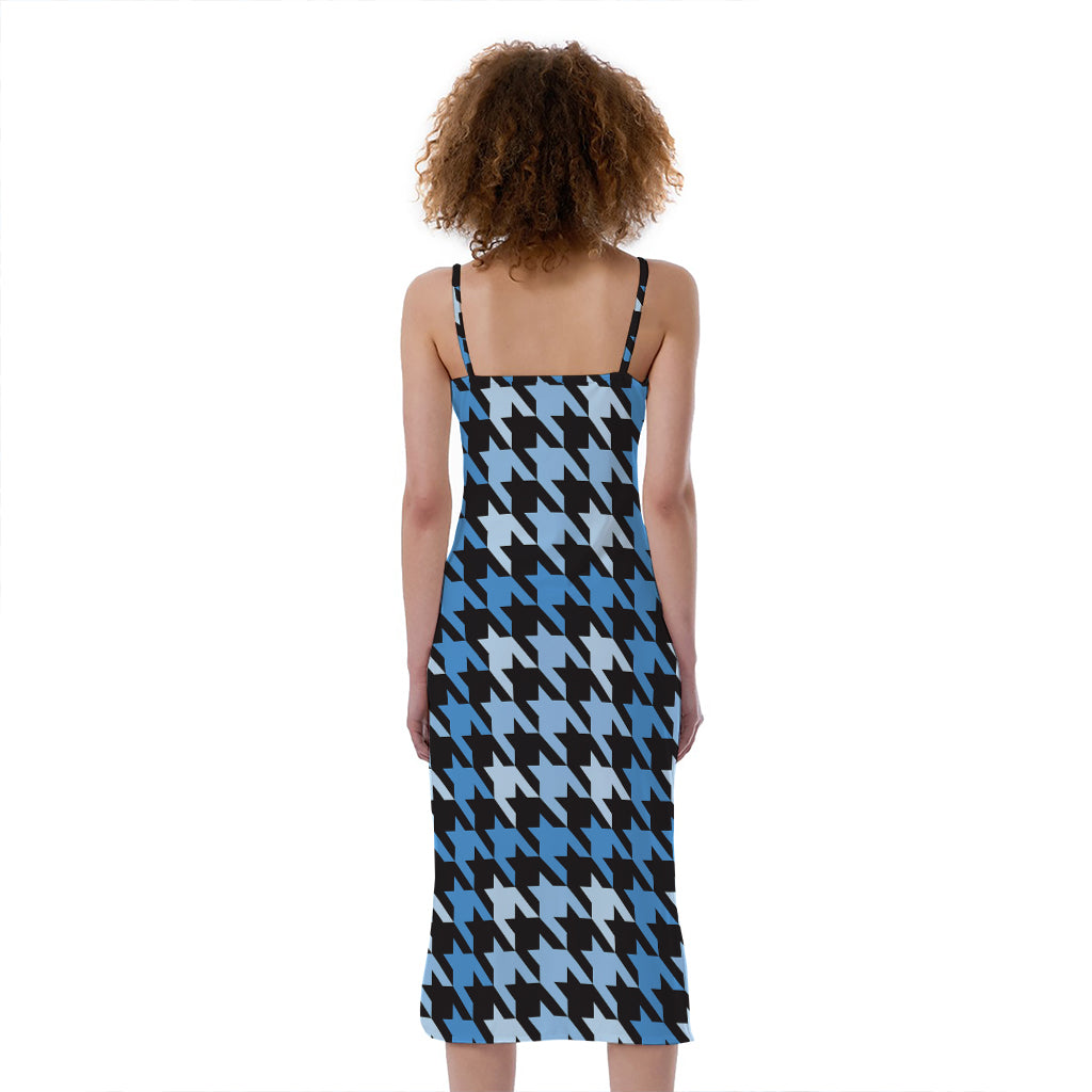 Blue Houndstooth Pattern Print Slim Fit Midi Cami Dress