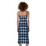 Blue Houndstooth Pattern Print Slim Fit Midi Cami Dress