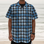 Blue Houndstooth Pattern Print Textured Short Sleeve Shirt