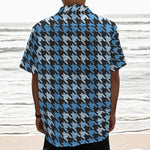 Blue Houndstooth Pattern Print Textured Short Sleeve Shirt