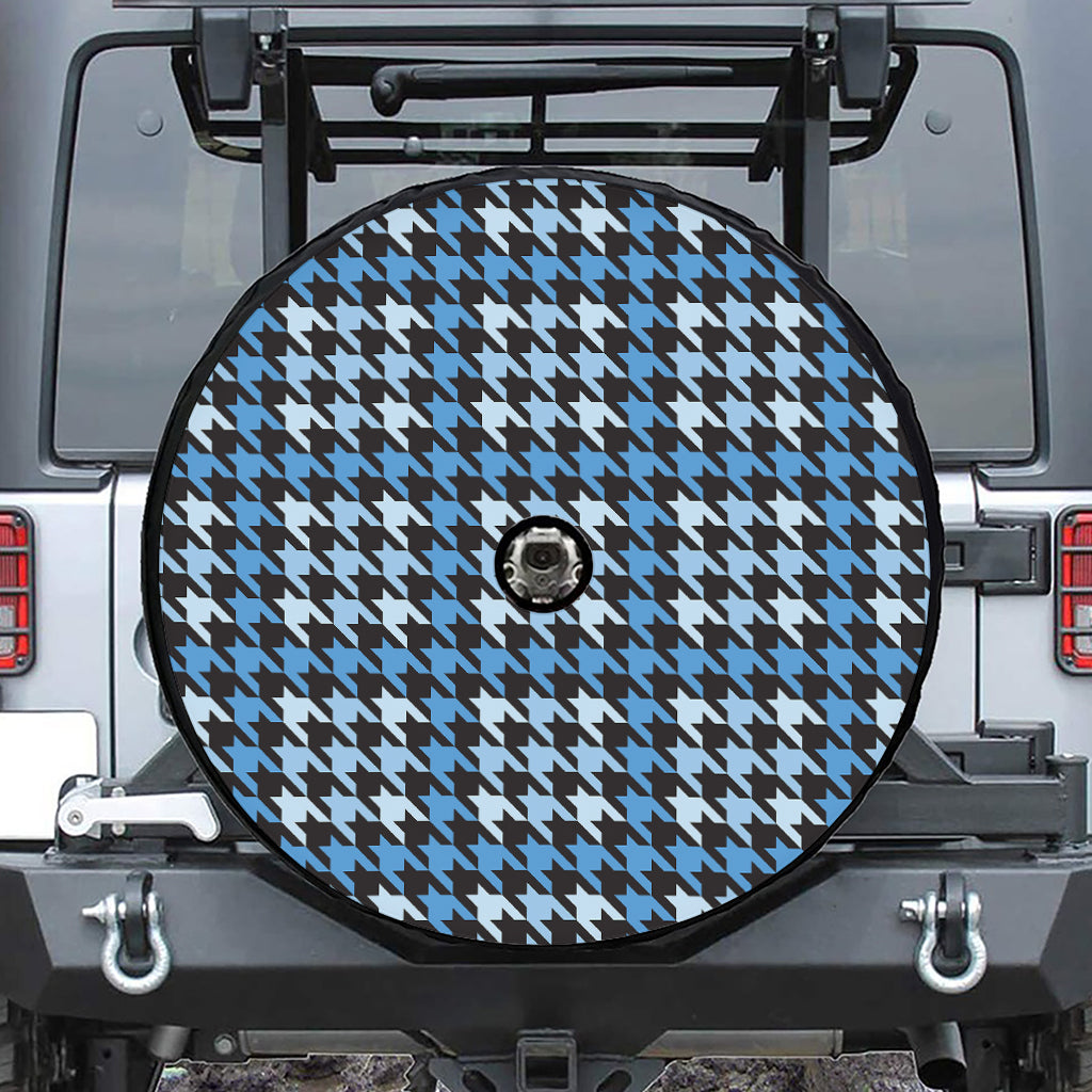 Blue Houndstooth Pattern Print Tire Cover With Camera Hole