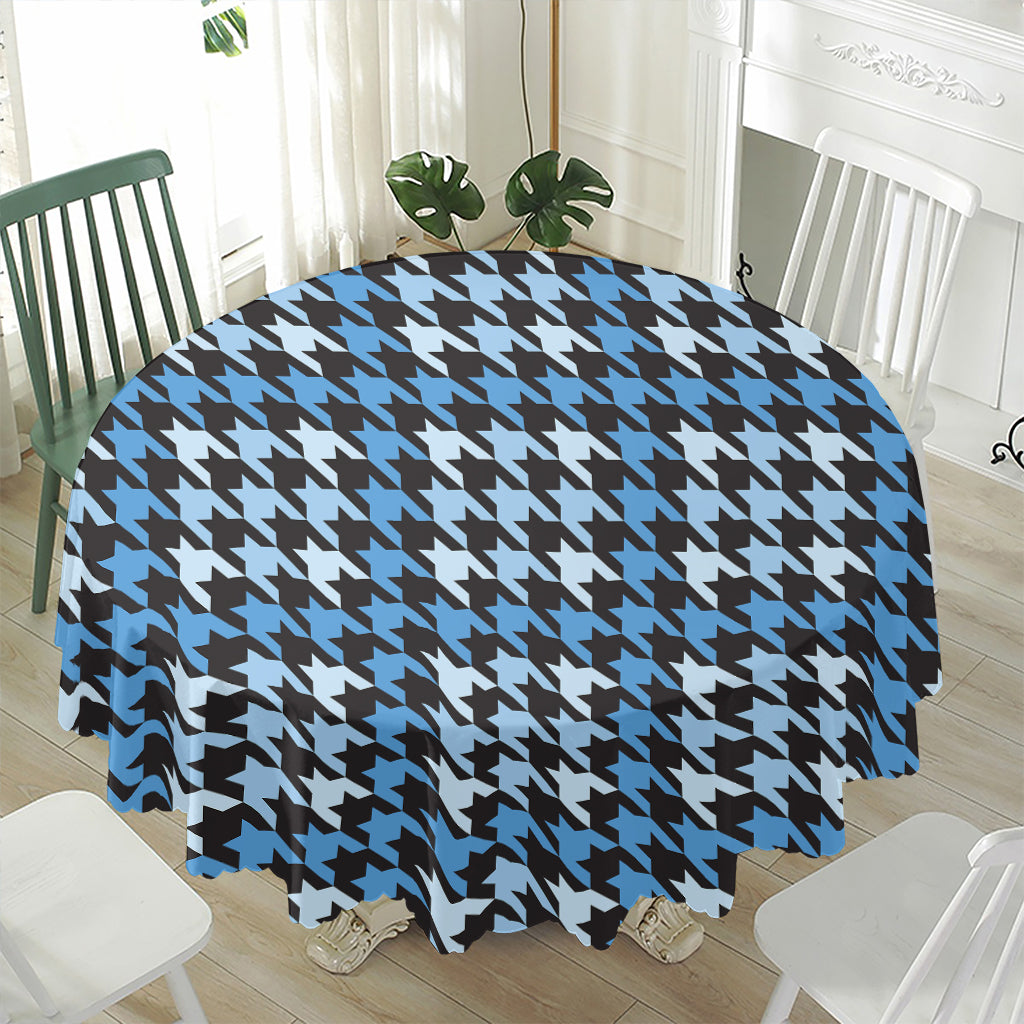 Blue Houndstooth Pattern Print Waterproof Round Tablecloth