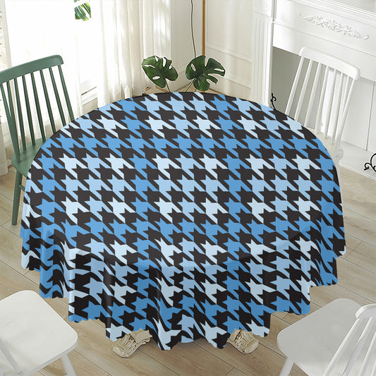 Blue Houndstooth Pattern Print Waterproof Round Tablecloth