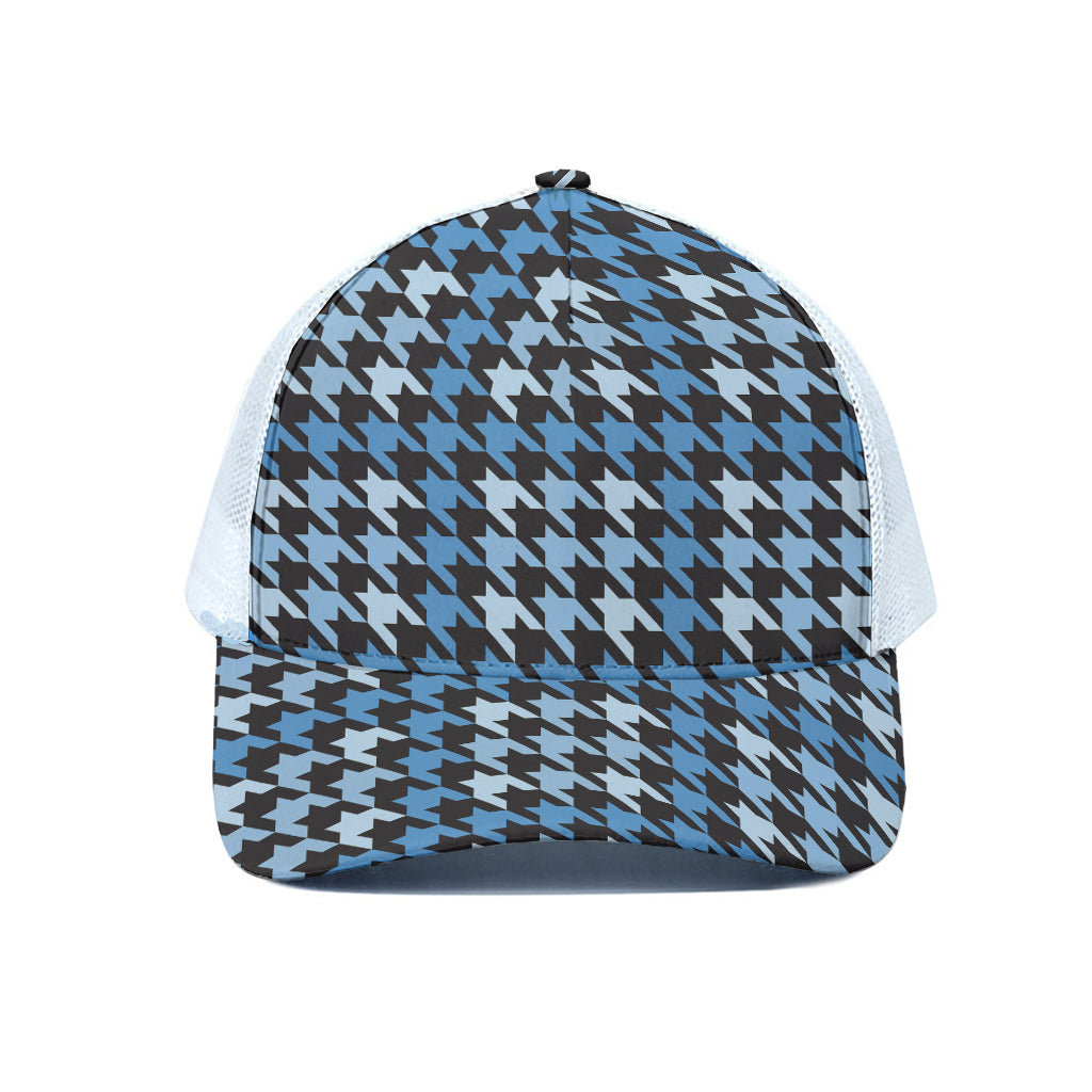 Blue Houndstooth Pattern Print White Mesh Trucker Cap