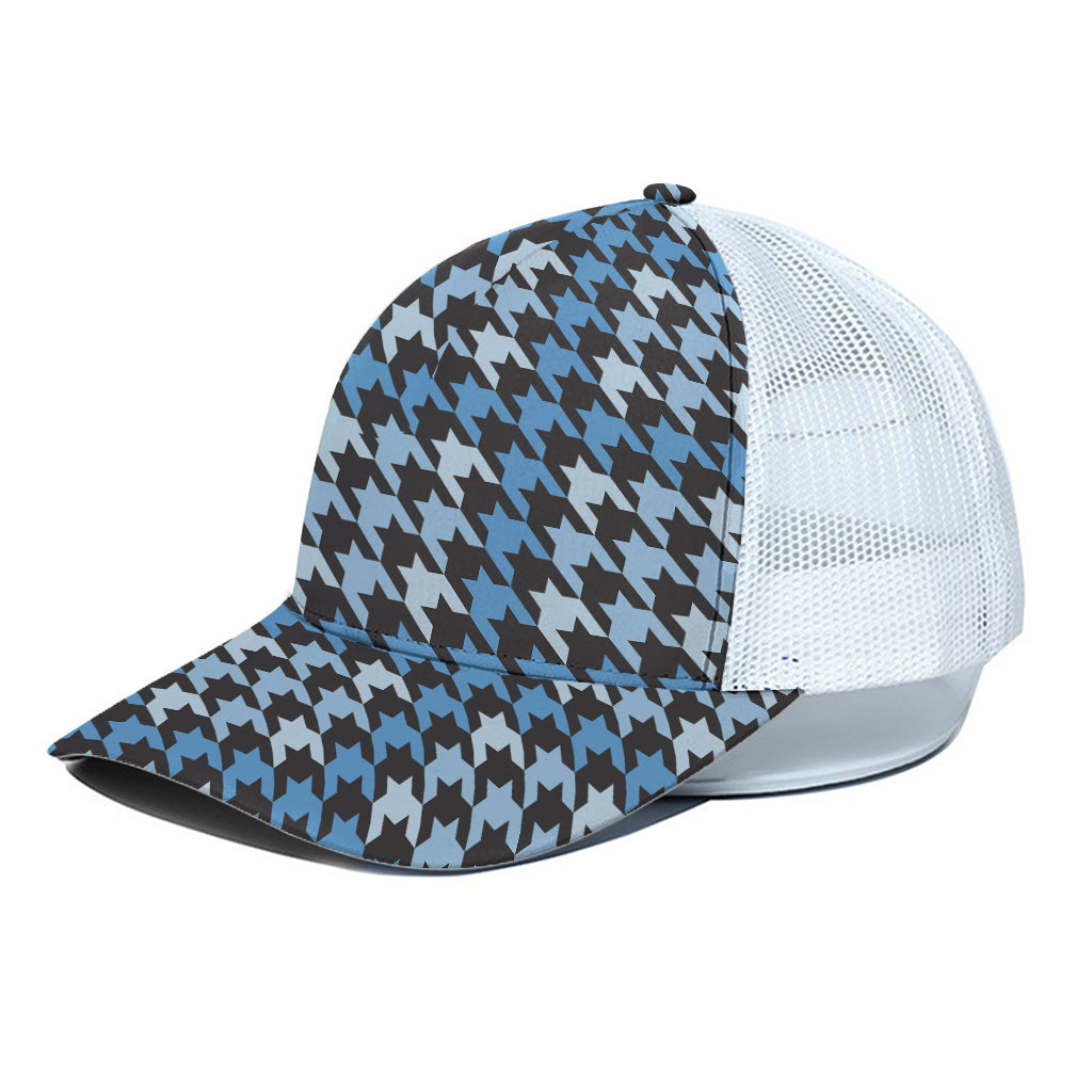 Blue Houndstooth Pattern Print White Mesh Trucker Cap