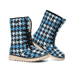 Blue Houndstooth Pattern Print Winter Boots