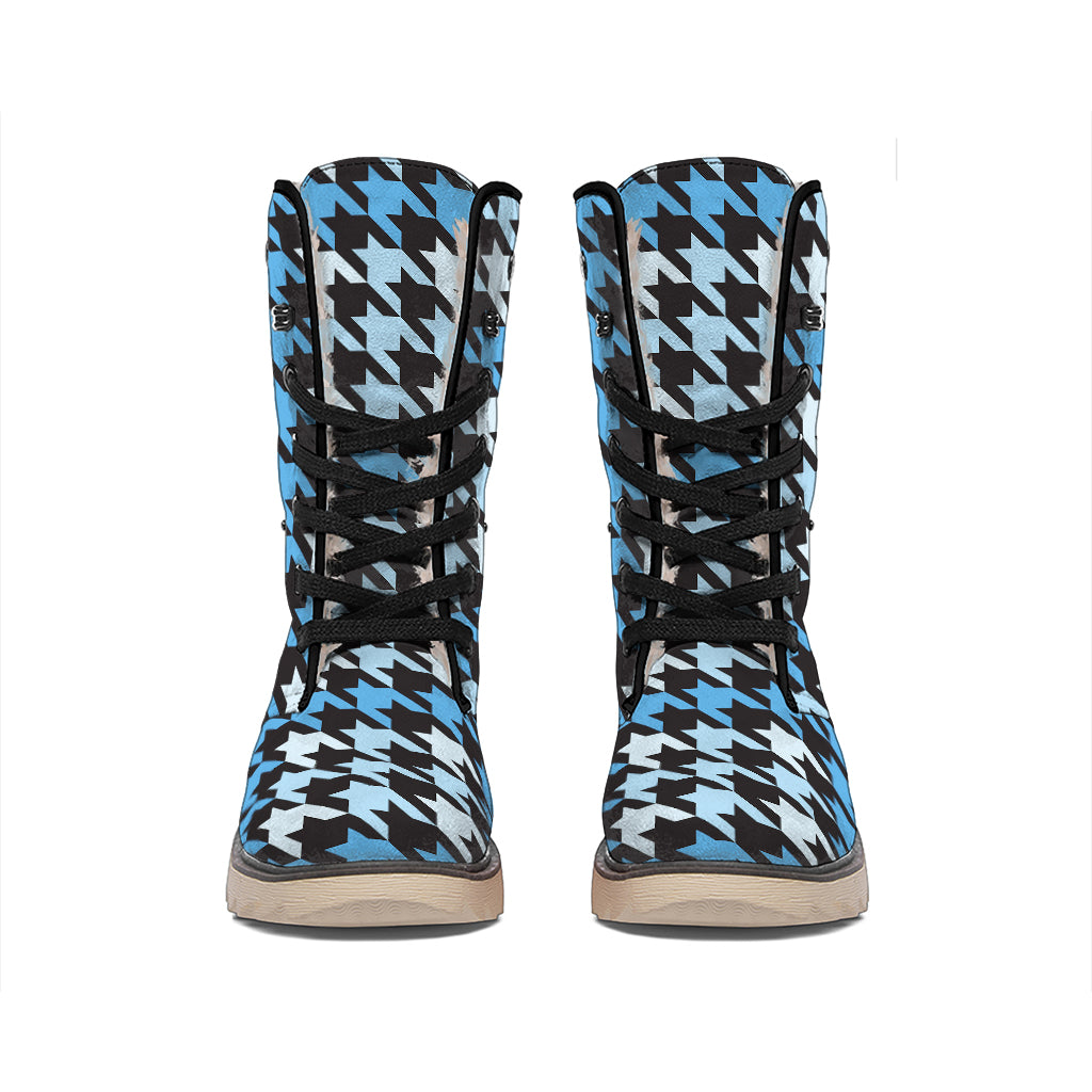 Blue Houndstooth Pattern Print Winter Boots