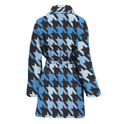 Blue Houndstooth Pattern Print Women's Bathrobe